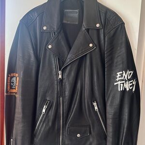 All Saints Black Leather Biker Jacket with White Sleeve Graphic